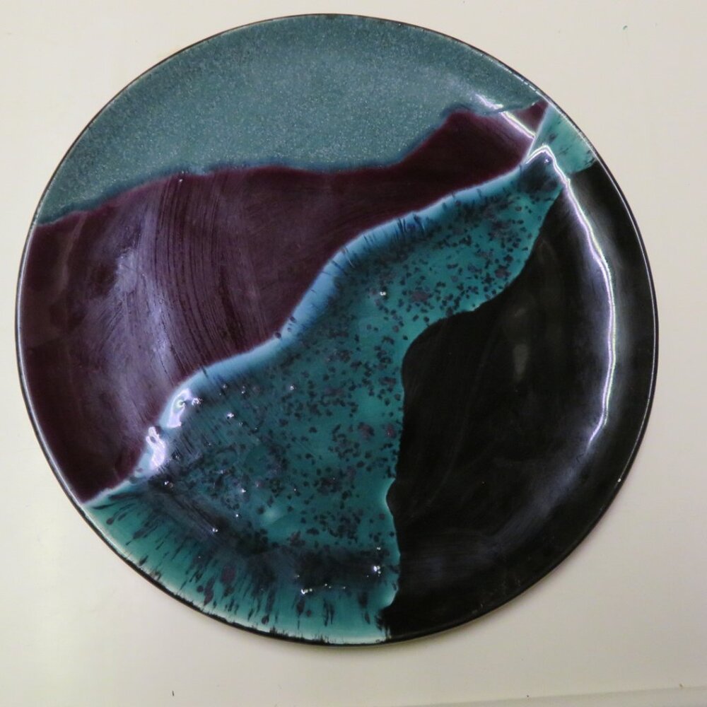 Aqua and Black Glazed Decorative Plate Vintage (DK707)